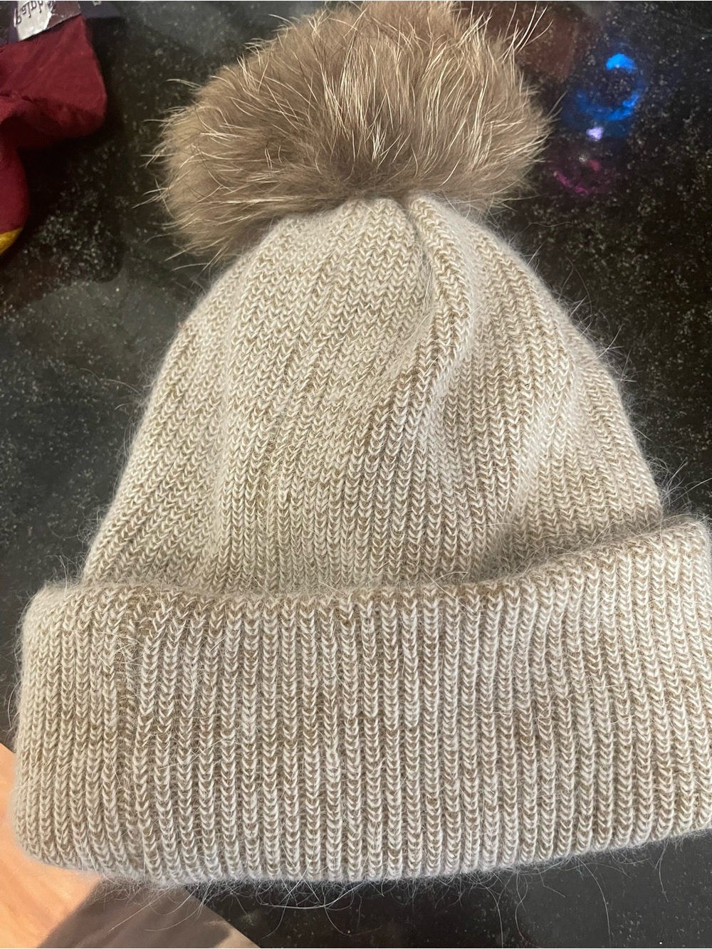 Cream Knit Beanie with Faux Fur Pom - Picture 2 of 2